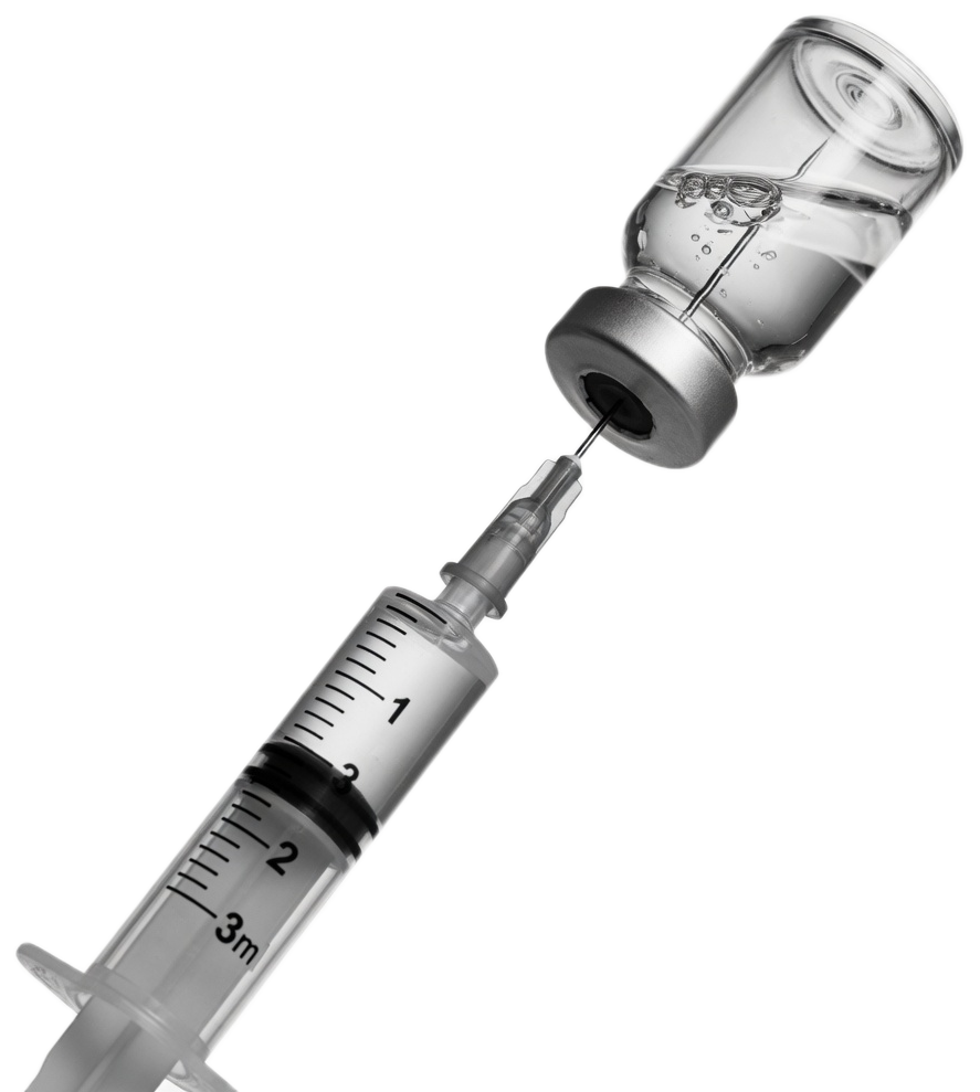 Syringe drawing water from an upside-down BAC vial