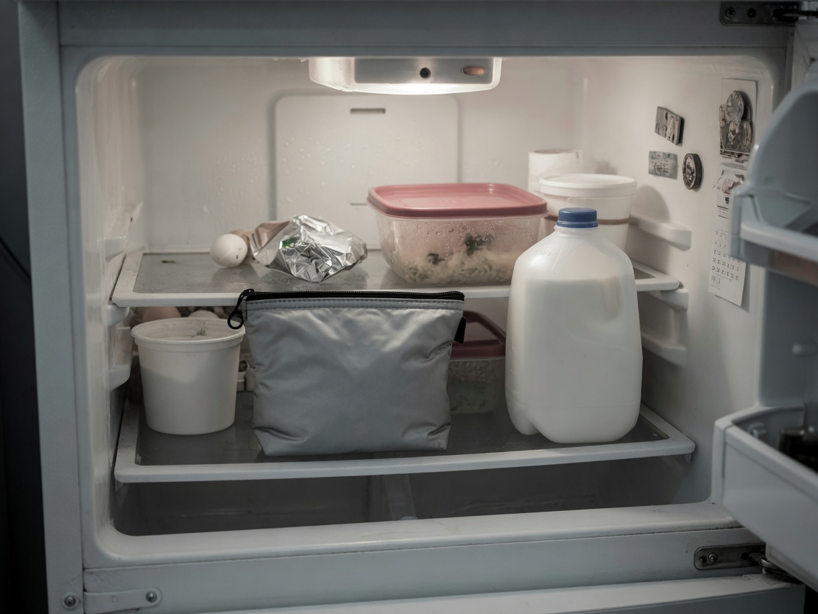 Zip pouch on a refrigerator middle shelf